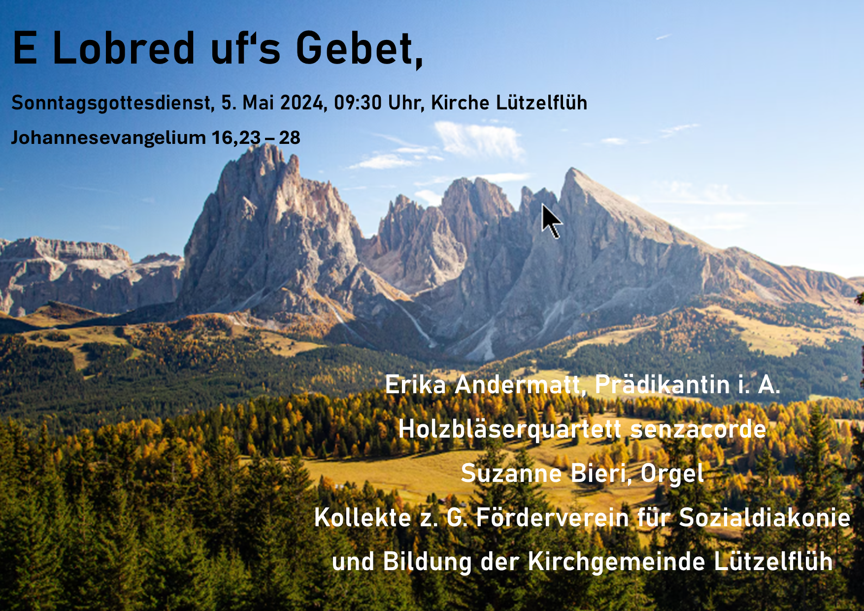 Das Bild zeigt das Programm des Gottesdientes zum Rogate-Sonntag 2025. Es ist eine Berglandschaft in herbstlichen Farben sowie der Einladungstext zum Gottesdienst zu sehen.