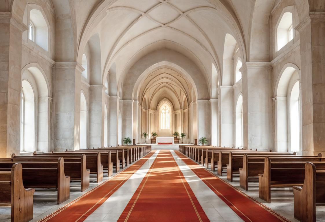 Das Bild zeigt einen Kirchenraum von innen. In dre Mite führt ein roter Teppich in den Chorbereich. Rechts und links sind Kirchenbänke. Die Decke der Kirche ist hell, ebenso der übrige Raum.